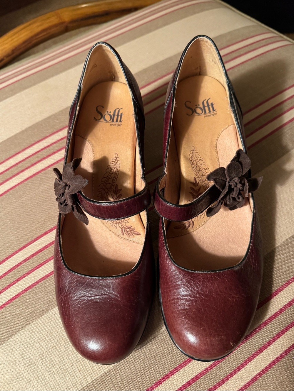 Söfft Burgundy Mary Jane Heels with Suede Floral Accent (Wide Width)